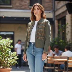 Comme Cotton Buttoned Steampunk Hussar Inspired Glam Jacket - Olive And Gold M